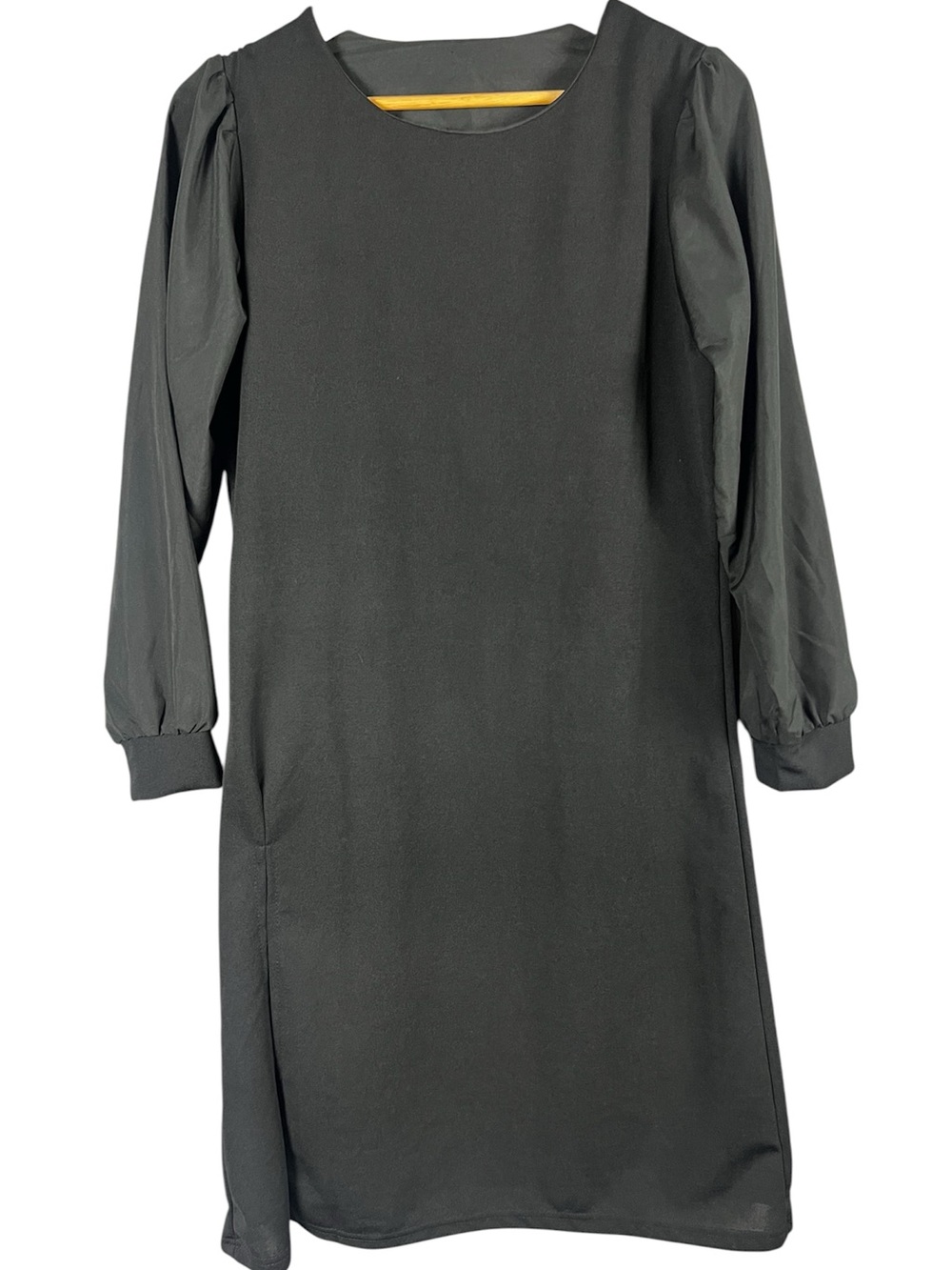 Classic Black Long Sleeve Shift Dress Mixed Fabric